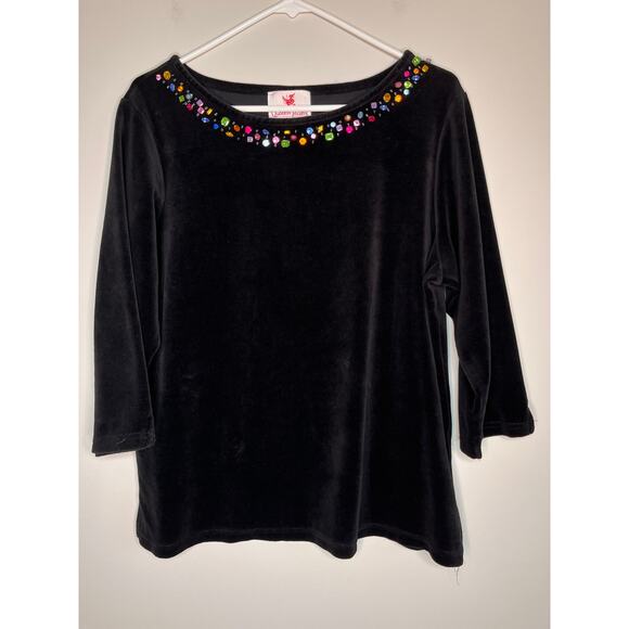 Quacker Factory Tops - 2000s Quacker Factory Black Velvet Rainbow Gemstone Sparkle Boat Neck Shirt L